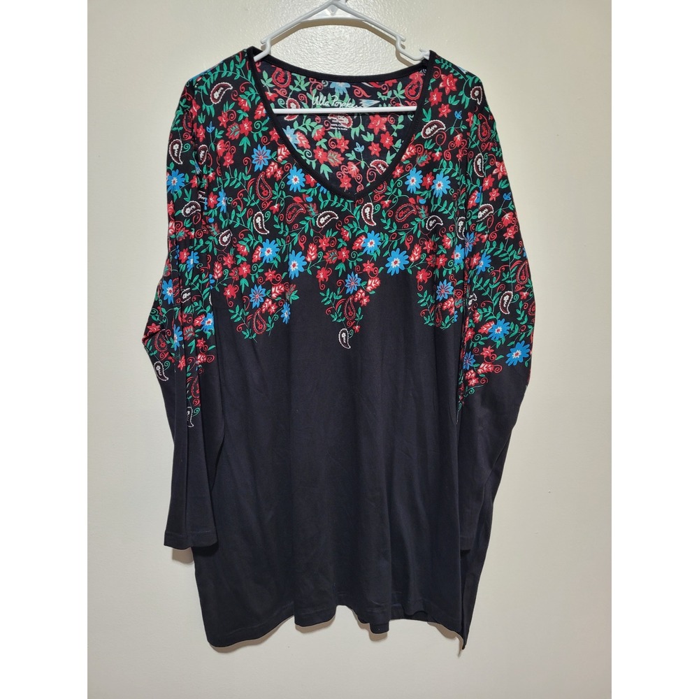 Ulla Popken Tunic Women 24/26‎ Black Floral Paisley Cotton V-Neck Top